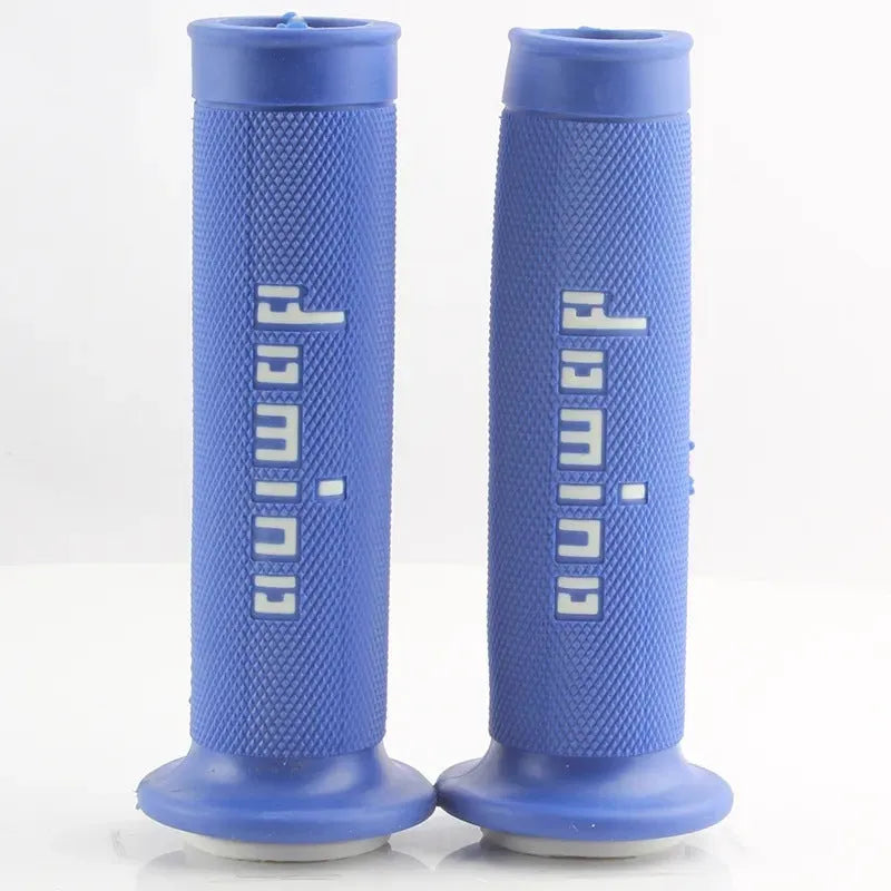 Motorcycle handle grips made from soft rubber with non-slip gel technology, designed for general motorcycles and scooters with 22mm or 24mm diameter handlebars, available in 11 colours including black, blue, red, and fluorescent yellow.