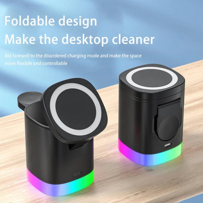3-in-1 wireless charging station with magnetic functionality and smart lighting for smartphones, smartwatches, and earbuds
