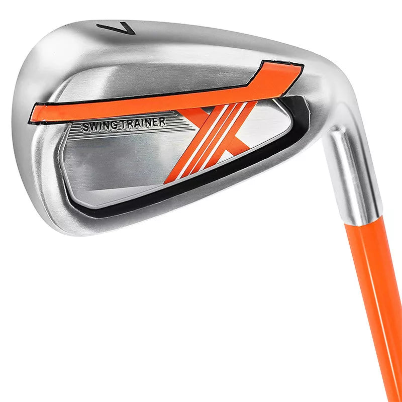 Golf Iron Swing Trainer in orange, black, and blue for safe practice sessions