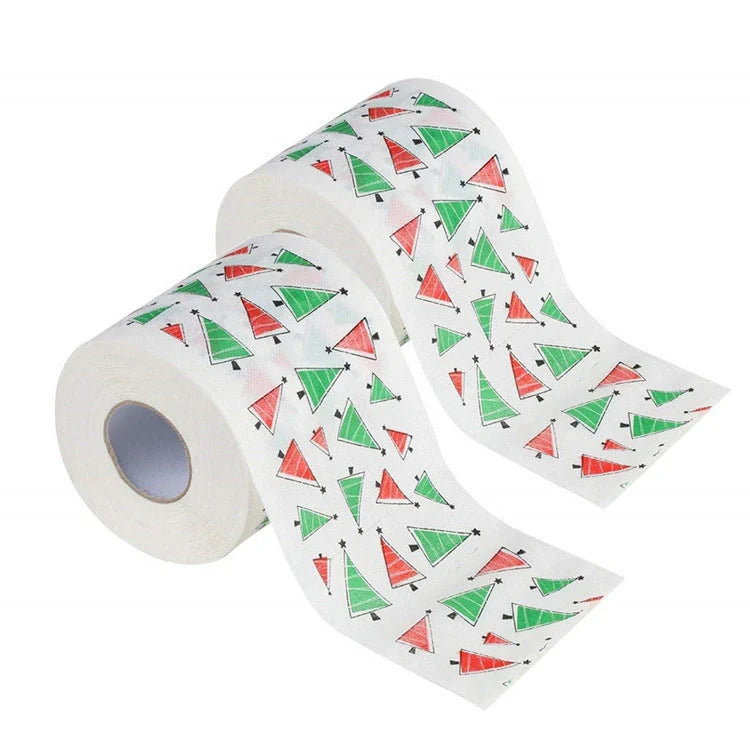 Christmas-themed toilet paper roll with Santa Claus and holiday designs