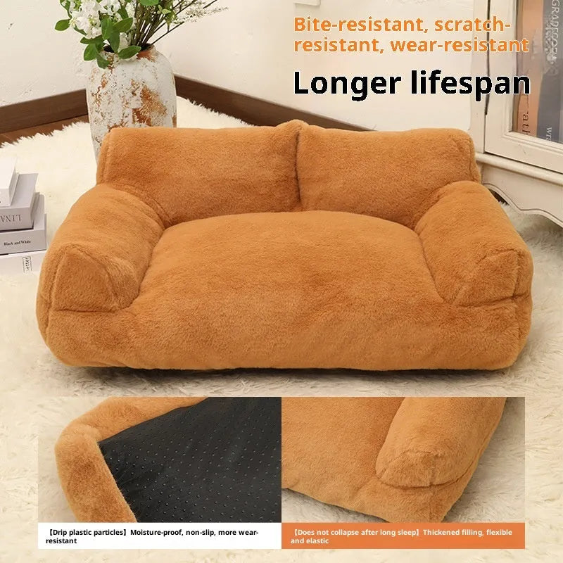 Rabbit plush sofa-style dog pet bed in pink, milky white, golden brown or light grey, four sizes