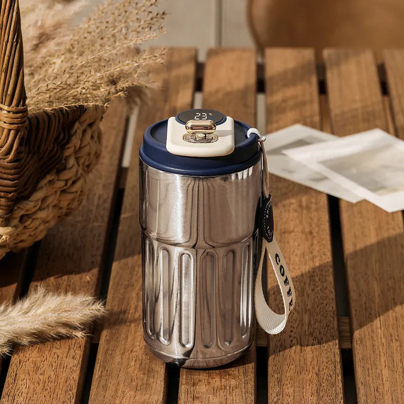 Digital thermal insulated bottle with temperature display and handle, stainless steel construction, 450ml capacity