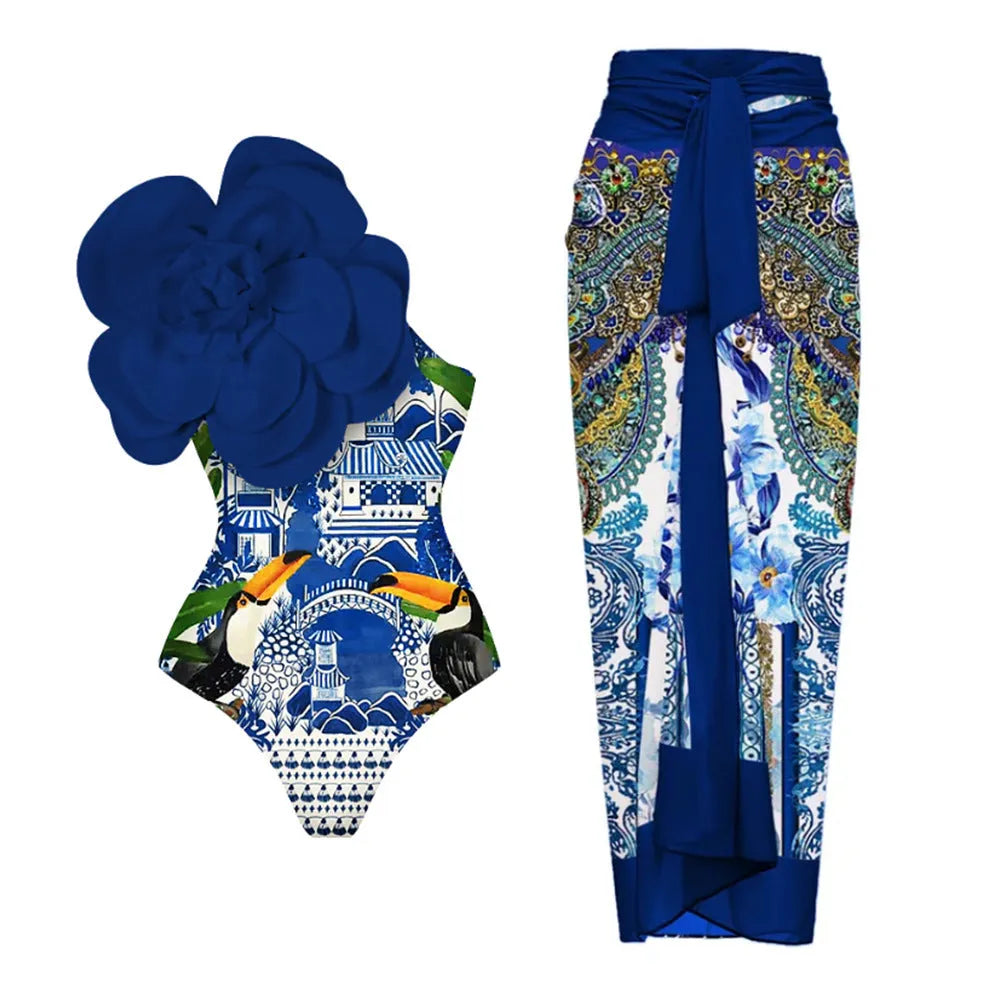 Women's one-piece swimsuit with three-dimensional flower print, tight European American fit.