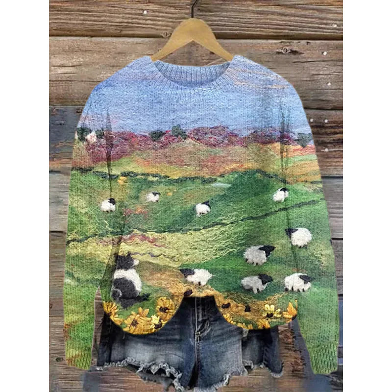 Women's round neck sweater with a colourful digital floral print on polyester fabric.