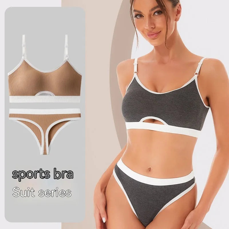 Underwired sports bra and brief set with contrast back detailing, featuring thin moulded cups and seamless construction for active wear between 40-65kg body weight