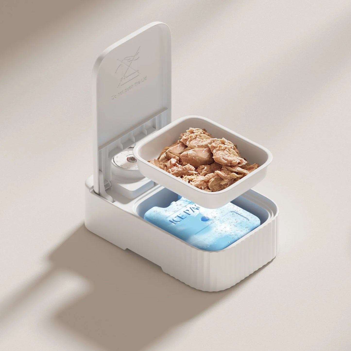 White automatic pet feeder with timer display, ice crystal cooling box, and modular connectors.
