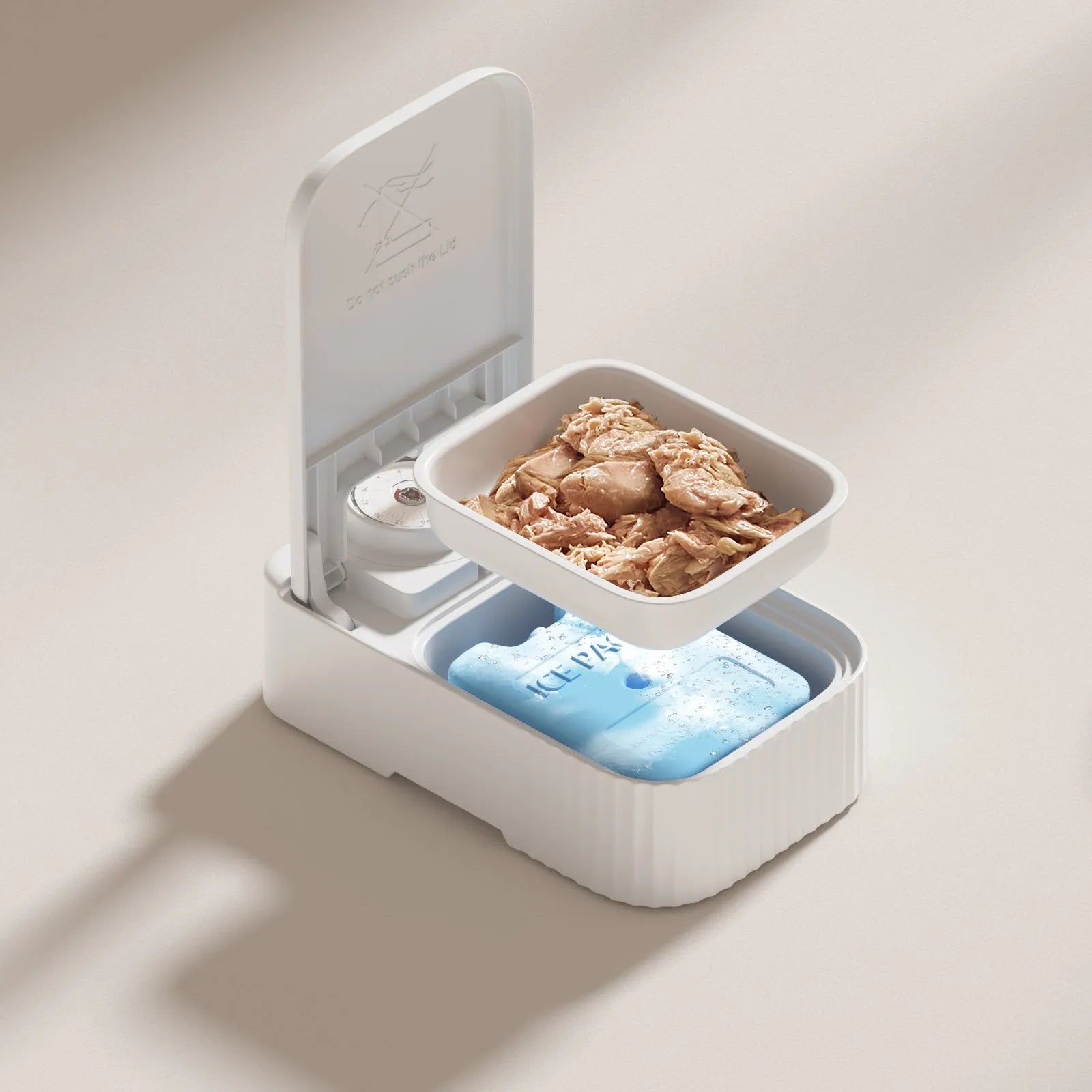 White automatic pet feeder with timer display, ice crystal cooling box, and modular connectors.