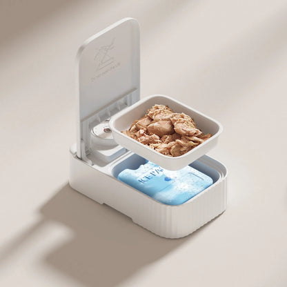 White automatic pet feeder with timer display, ice crystal cooling box, and modular connectors.