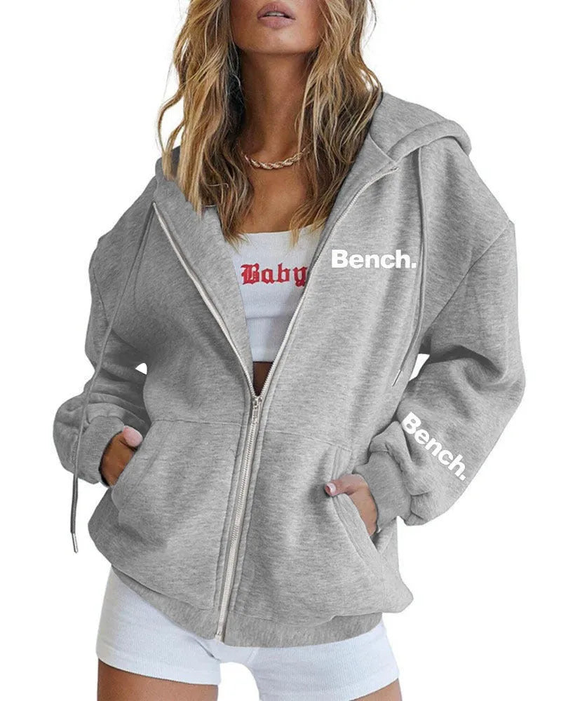 Grey letter print sweater coat with zipper front and loose Japanese-style fit