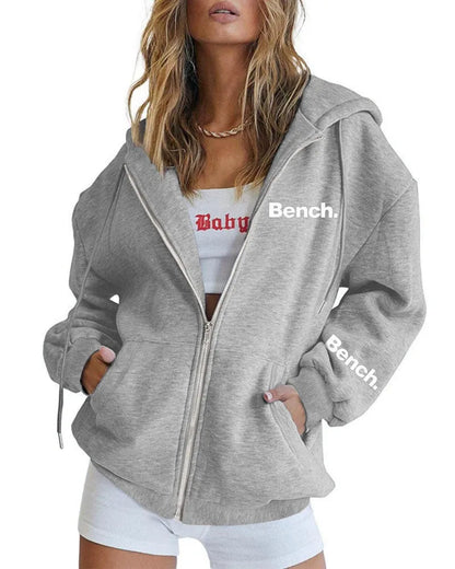 Grey letter print sweater coat with zipper front and loose Japanese-style fit