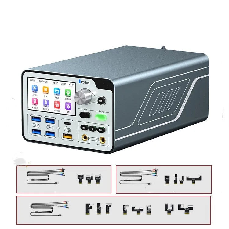 320W intelligent regulated power supply with 3.0-inch IPS display, alligator clips, and boot lines for electronic testing