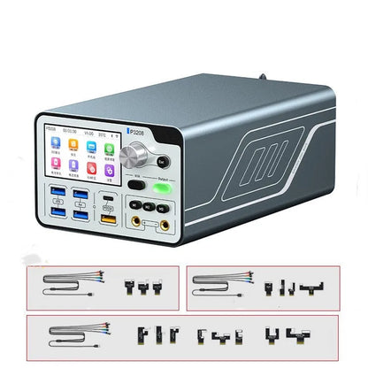 320W intelligent regulated power supply with 3.0-inch IPS display, alligator clips, and boot lines for electronic testing