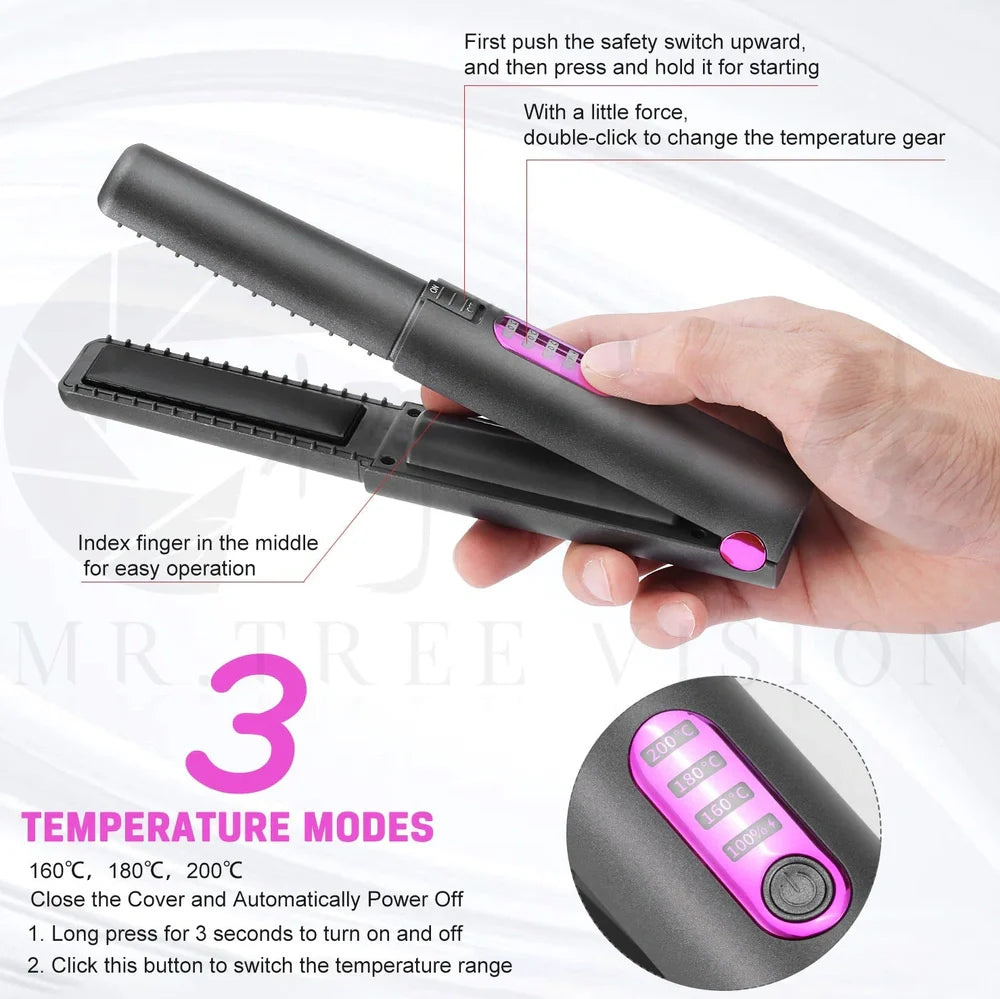Green USB travel hair iron with ceramic tourmaline plates showing temperature display and dual straightening/curling function
