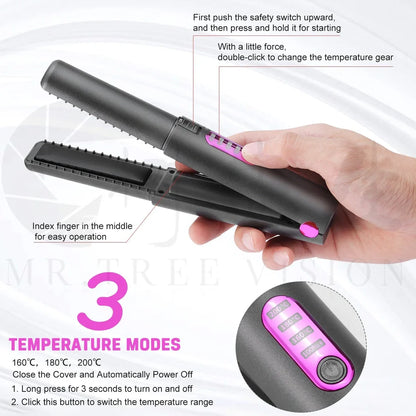 Green USB travel hair iron with ceramic tourmaline plates showing temperature display and dual straightening/curling function