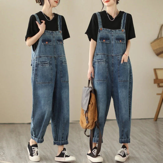 Stylish light blue denim strap pants for women with adjustable fit