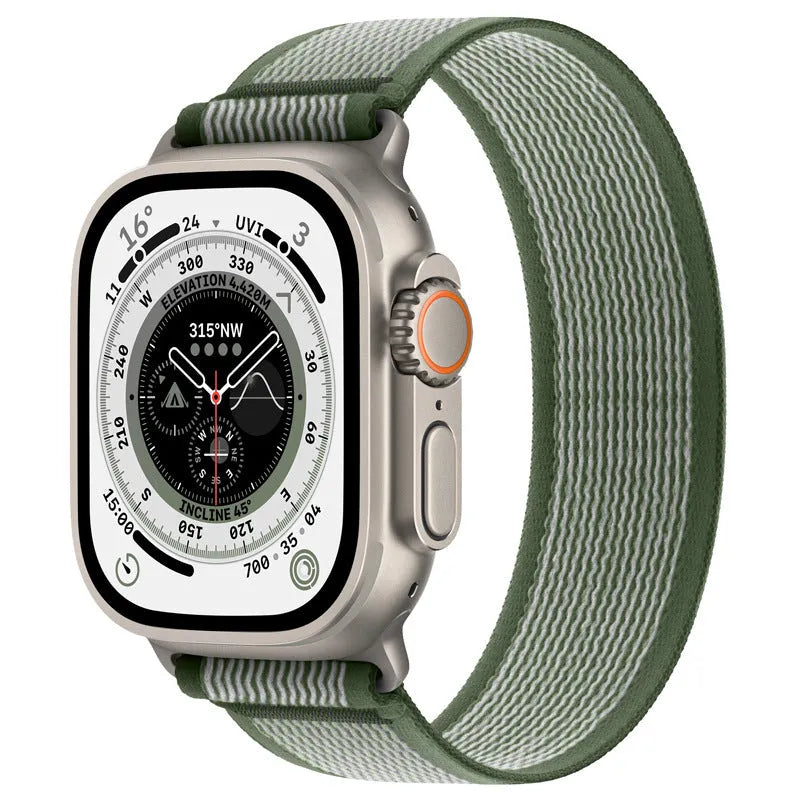 Nylon Apple Watch band with single ring strap closure in multiple colour options on a wrist