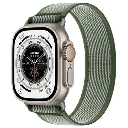 Nylon Apple Watch band with single ring strap closure in multiple colour options on a wrist