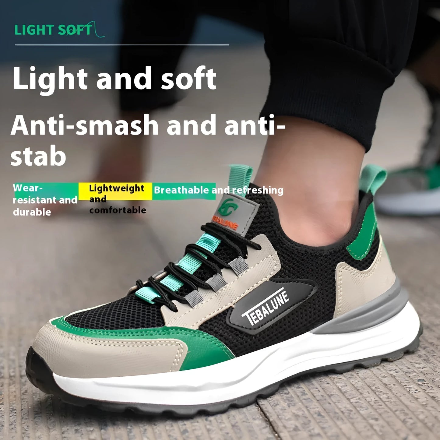 Black green mesh safety shoe with plastic steel toe cap, low-top design, and TPU sole