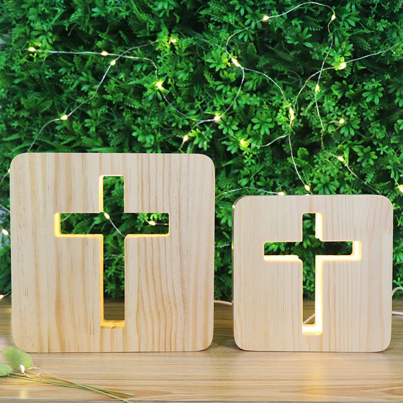 Solid wood hollow night lamp with warm white LED light showing wooden construction and compact dimensions