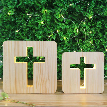 Solid wood hollow night lamp with warm white LED light showing wooden construction and compact dimensions