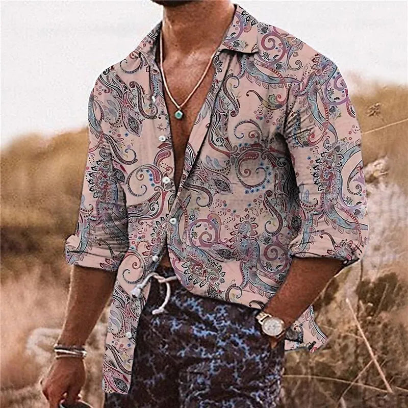 Men's bohemian shirt with 3D floral pattern digital printing, loose fit long sleeves