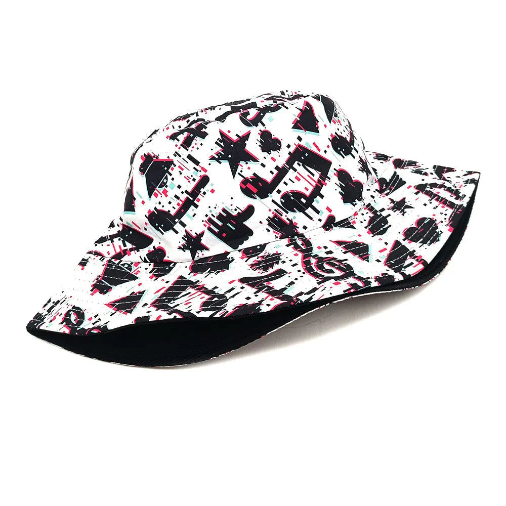 White bucket hat with black musical note pattern print, dome crown shape.