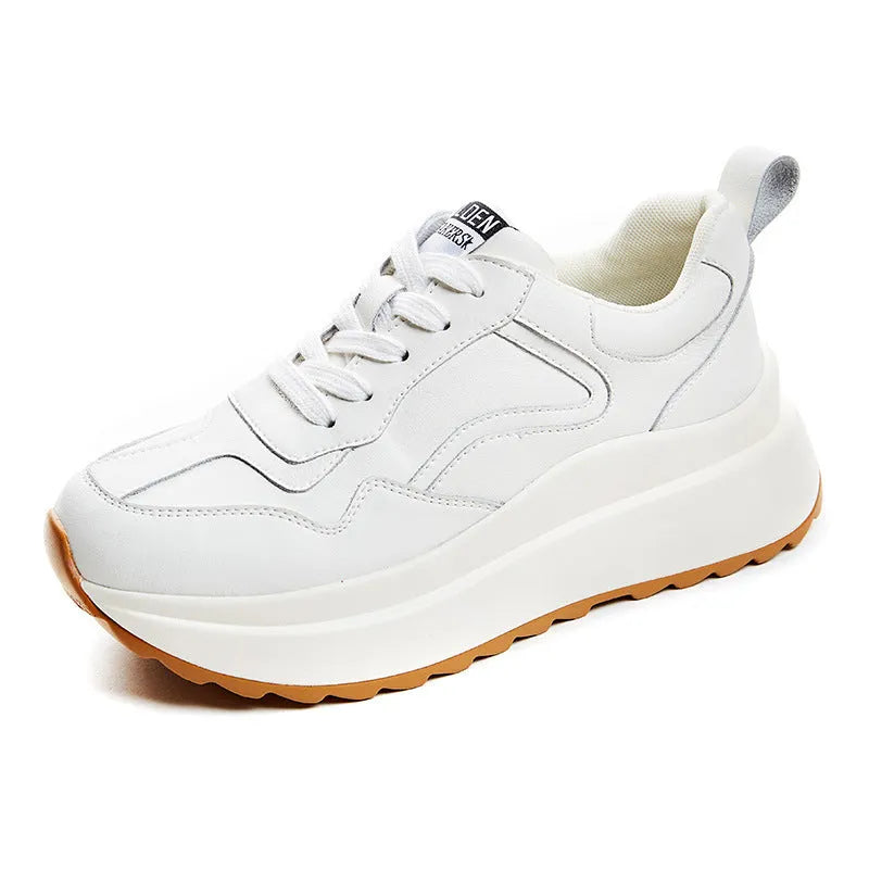 Beige women's low-top casual sports shoes made from cattlehide leather with round toe and front lace-up.