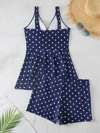 Women's blue polka dot print plus size swimsuit with skirt and separate bikini top