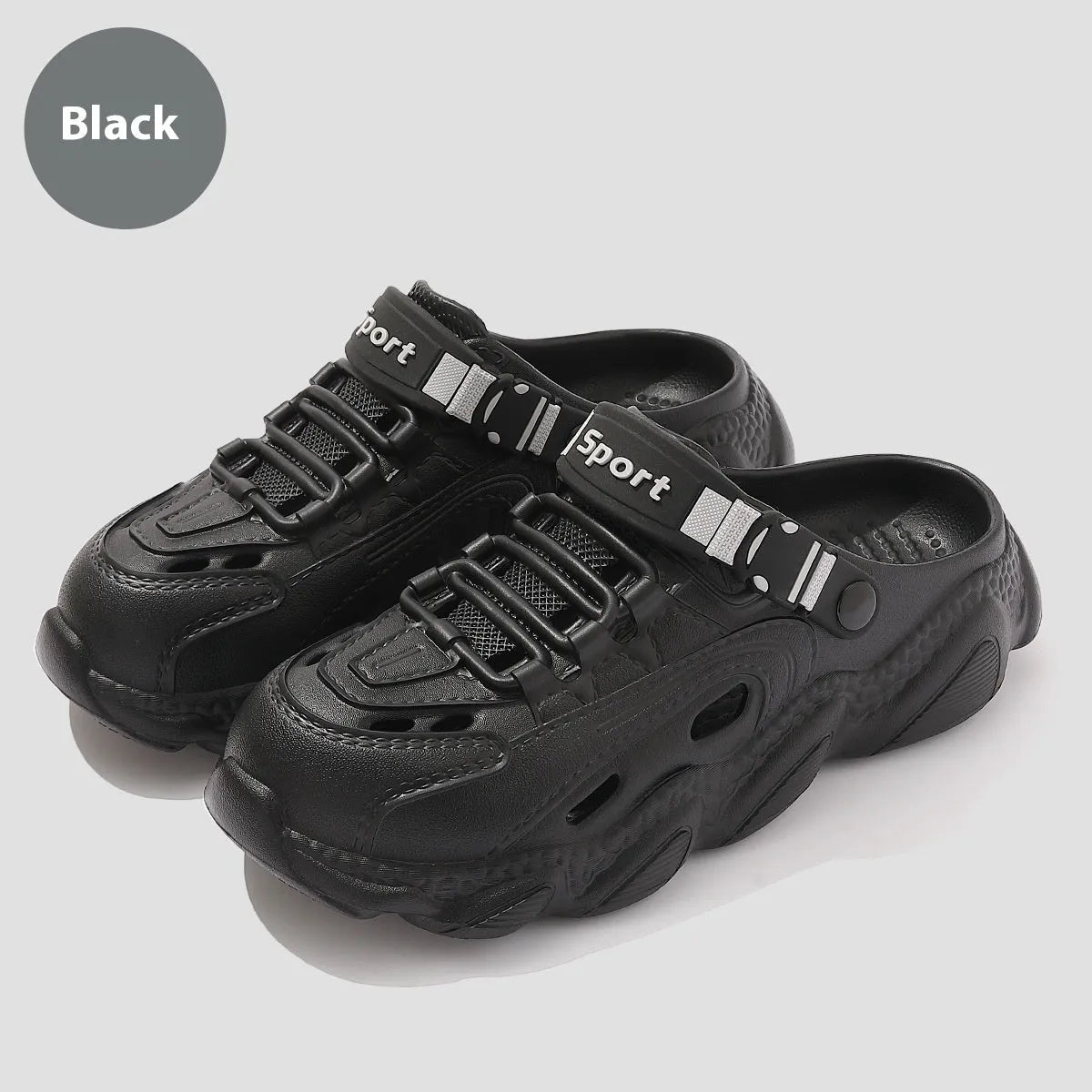 Men's khaki and black outdoor summer slippers with hollow-out breathable design and EVA soles