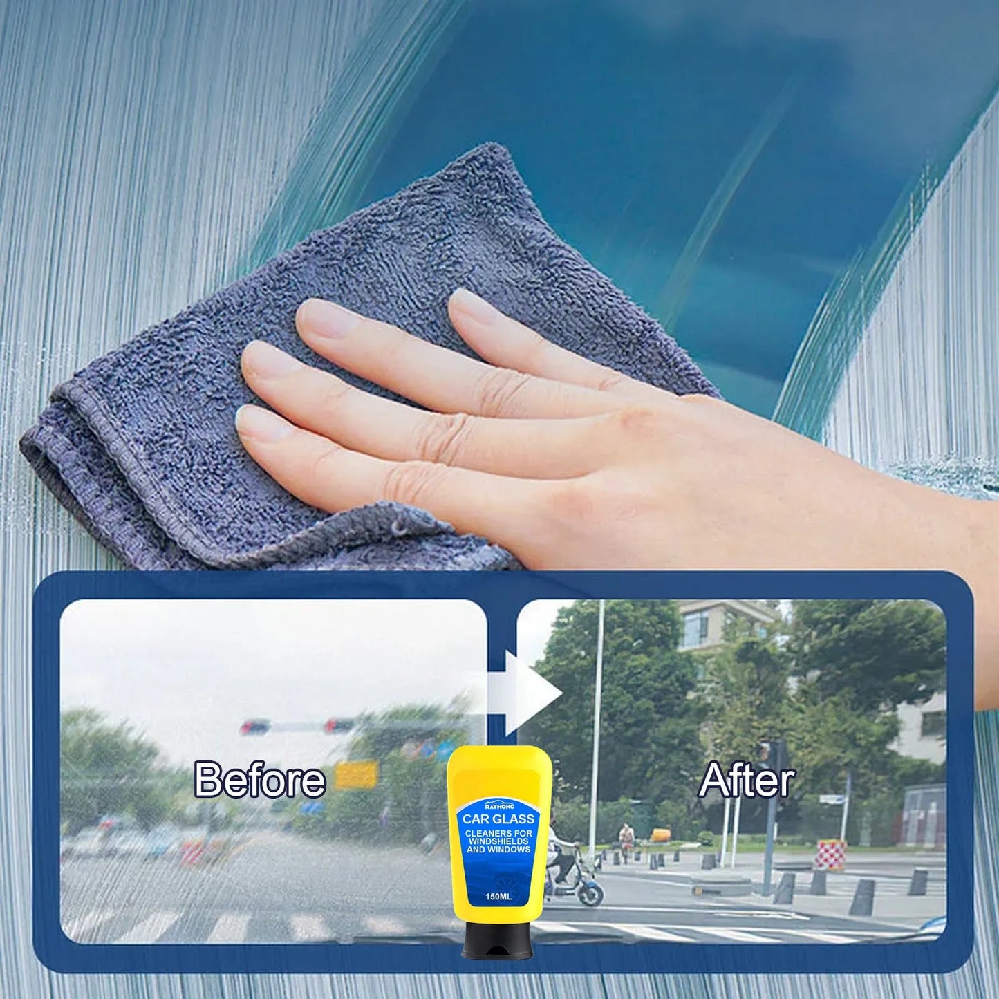 150ml windshield automotive detergent defogging spray bottle with a sponge and microfibre cloth for car window cleaning.
