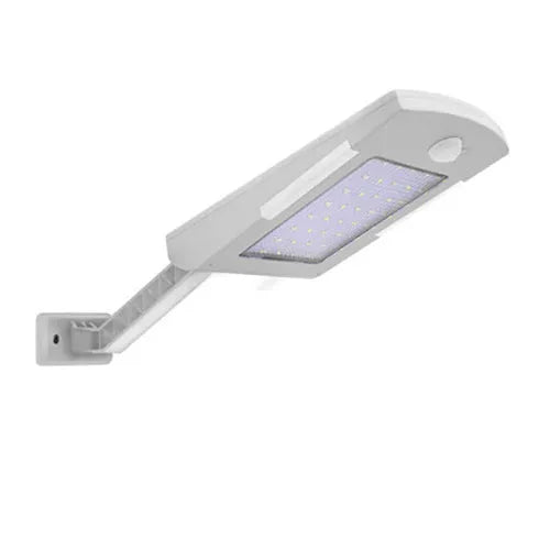 Black and white solar garden light with LED panel shown in wall mount and adjustable rod styles.