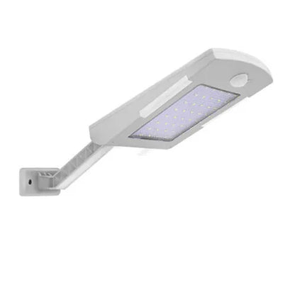 Black and white solar garden light with LED panel shown in wall mount and adjustable rod styles.