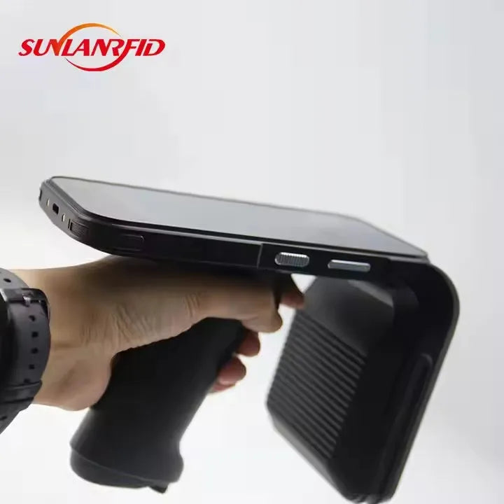 SLP-05 handheld UHF RFID scanner with Android touchscreen, measuring approximately 20cm long with rubberised grip sections