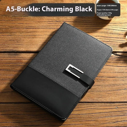 A5 soft PU leather notebook in Business Brown colour, showing thick wood-free paper inside.