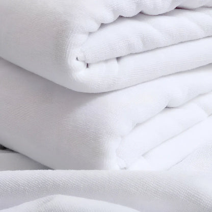 White 100% cotton bath towel, 21-strand yarn, 26-30s absorption, sizes 70x140cm to 150x200cm, weights 350-1000g