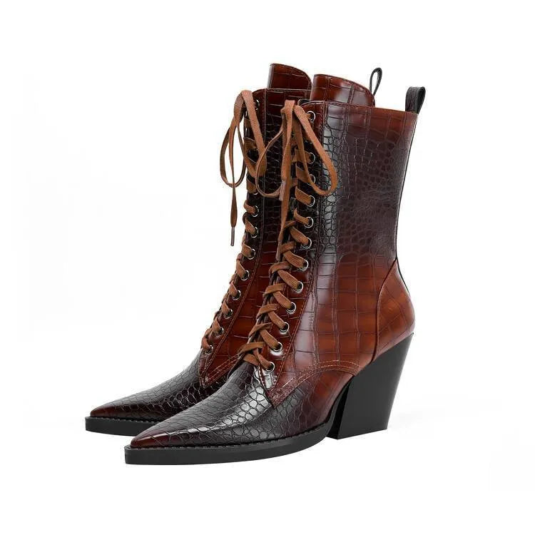 Dark brown women's lace-up ankle boots with a pointed toe and a chunky block heel.