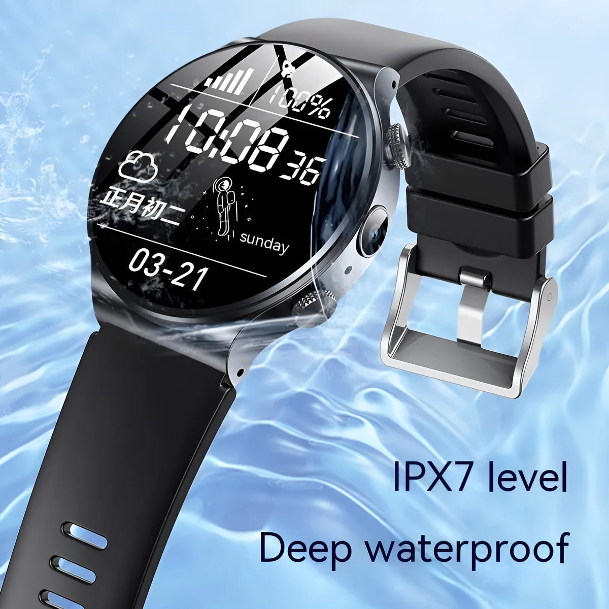 Black and white smart watch with 1.28 inch screen on wrist, showing USB charging cable.
