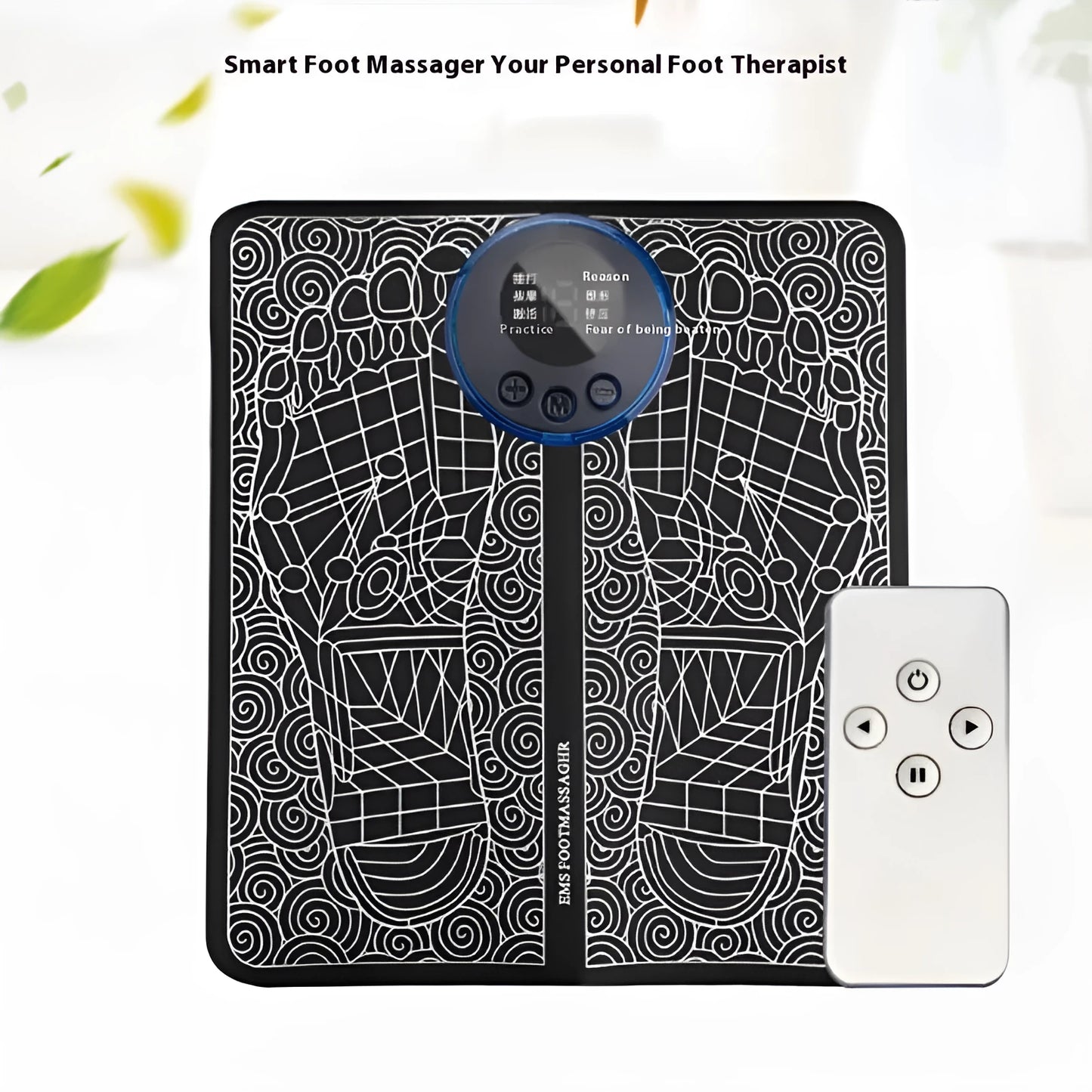 Leather foot massage cushion with LCD display and wireless remote control on a floor.