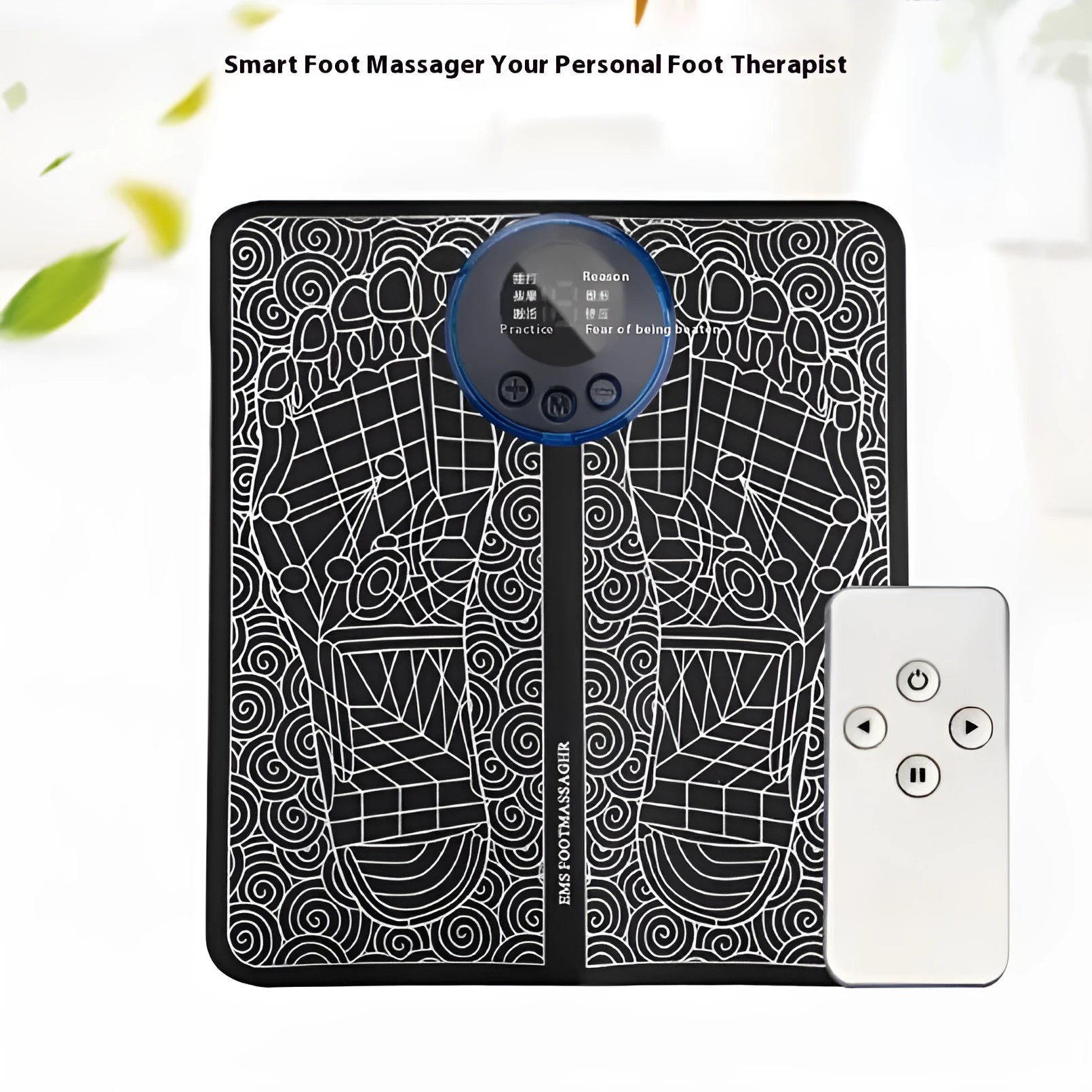 Leather foot massage cushion with LCD display and wireless remote control on a floor.