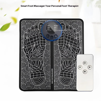 Leather foot massage cushion with LCD display and wireless remote control on a floor.