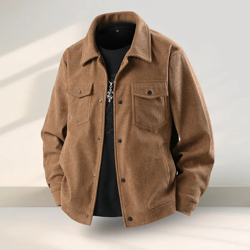 Men's black slim-fit casual coat made from stretch vinyl fabric on a hanger.