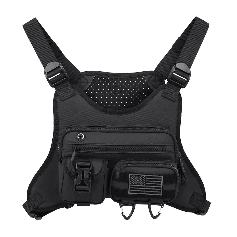 Black outdoor sports chest bag with vest straps and sewing line detailing.