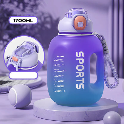 Red 1.7L portable sports water bottle in ton ton barrel shape, 22cm tall with 13.3cm diameter for outdoor fitness use
