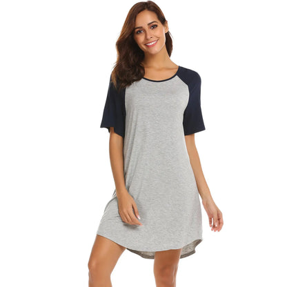 Women's double brushed colour contrast patchwork nightdress with navy or black sleeves on mannequin