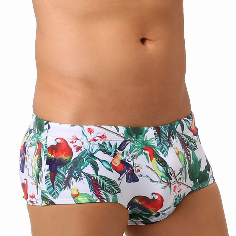 Men's swimming trunks with flower-bird print fashion design, nylon fabric boxer briefs in multiple adult sizes from M to 3XL featuring a cup cover for supportive fit, 619 flowers and birds colour pattern for vibrant poolside or beach wear
