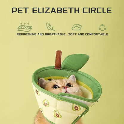 Soft beige EPE cat recovery cone collar with adjustable white strap, shown on a table.