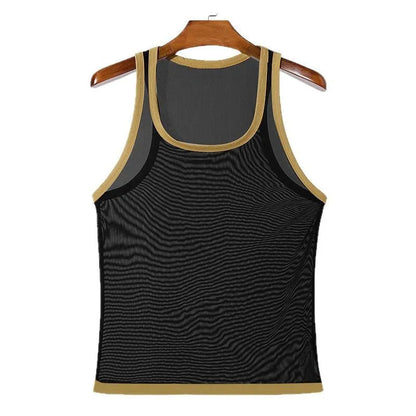Men's tight-fitting white mesh fitness vest for sports, showing breathable fabric and straight hem design.