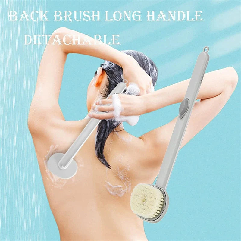 Dual-purpose shower brush with ergonomic handle and detachable head in yellow, grey, green, and pink