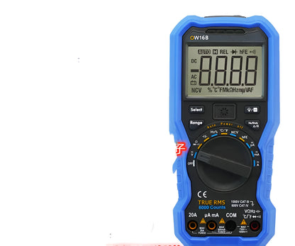 Handheld digital multimeter with display showing measurement, test leads, and Bluetooth symbol on model variant.