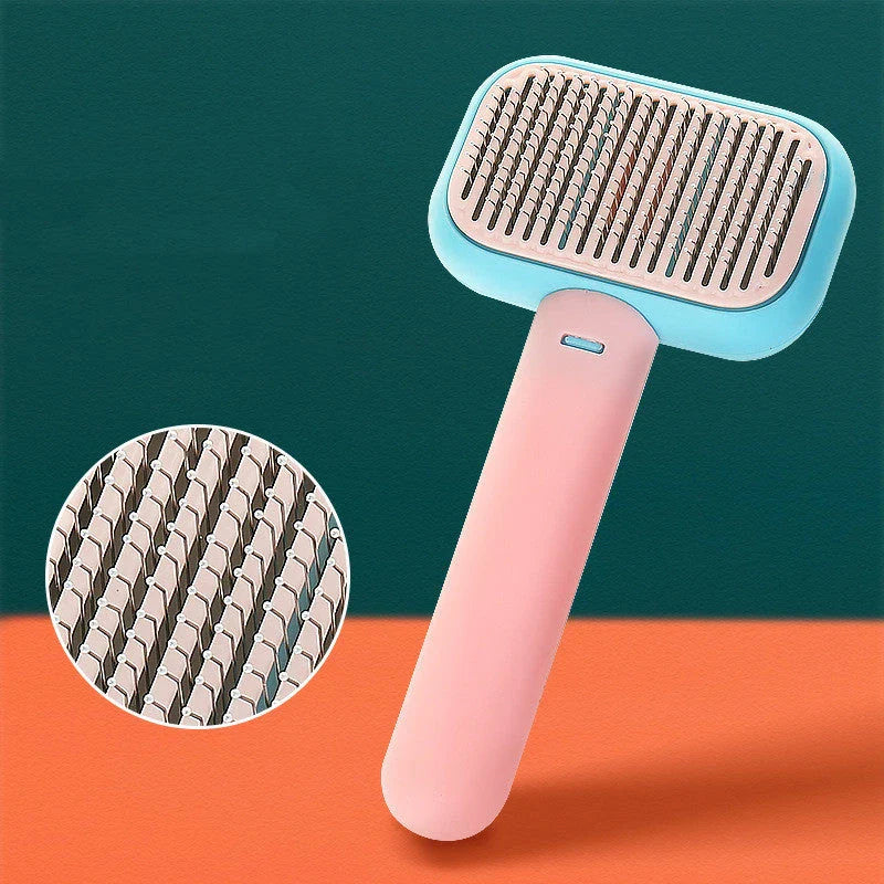 Premium pet hair brush and massage comb for cats and dogs in grey, pink, and green colors